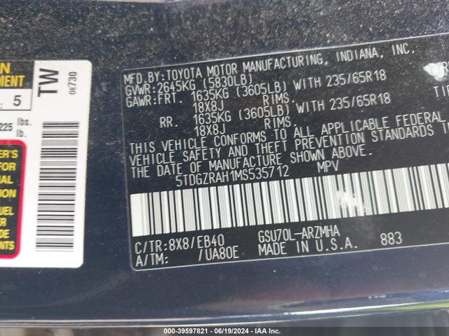 Toyota Highlander Xle 2021 5TDGZRAH1MS535712 Image 9