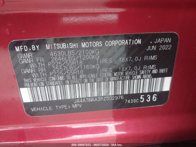 JA4ATWAA3PZ002976 Mitsubishi Eclipse Cross Se S-awc/sel S-awc
