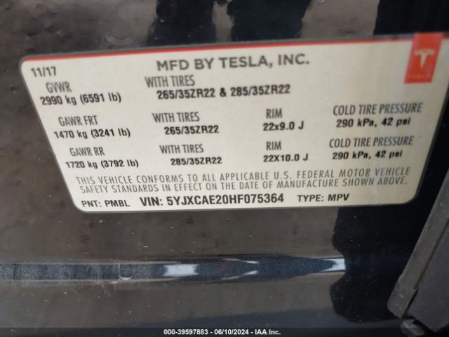 5YJXCAE20HF075364 Tesla Model X 100d/75d/90d