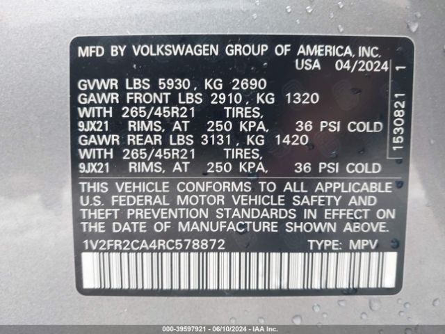1V2FR2CA4RC578872 Volkswagen Atlas 2.0t Sel Premium R-line
