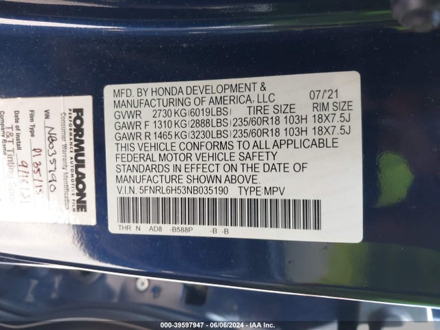 Honda ODYSSEY EX 2022 5FNRL6H53NB035190 Image 9