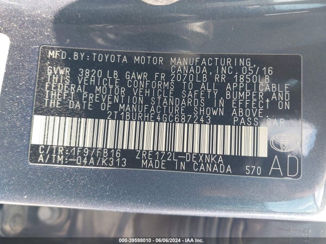 Toyota COROLLA LE 2016 2T1BURHE4GC687243 Image 9