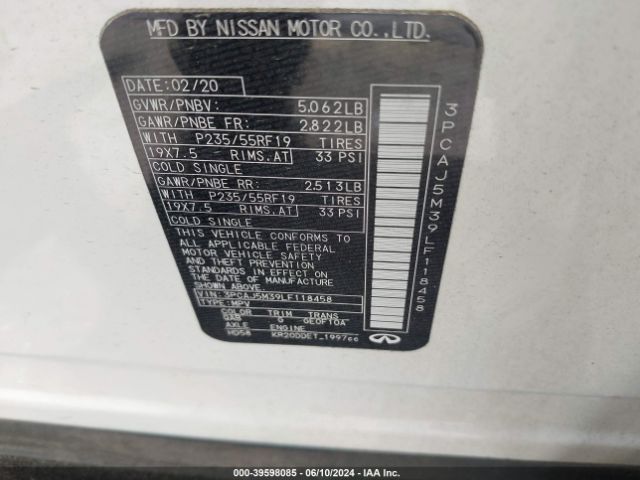 3PCAJ5M39LF118458 Infiniti Qx50 Essential Awd
