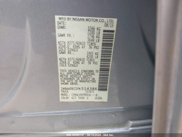 Nissan Titan Sl 2015 1N6AA0EC1FN514386 Image 9