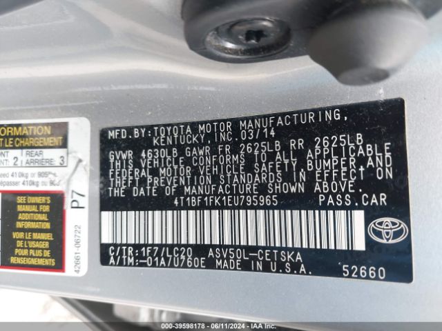 4T1BF1FK1EU795965 Toyota CAMRY SE
