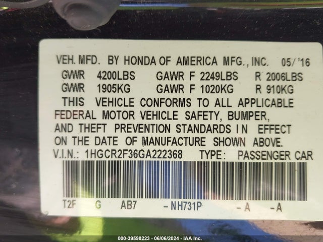 Honda ACCORD LX 2016 1HGCR2F36GA222368 Image 9