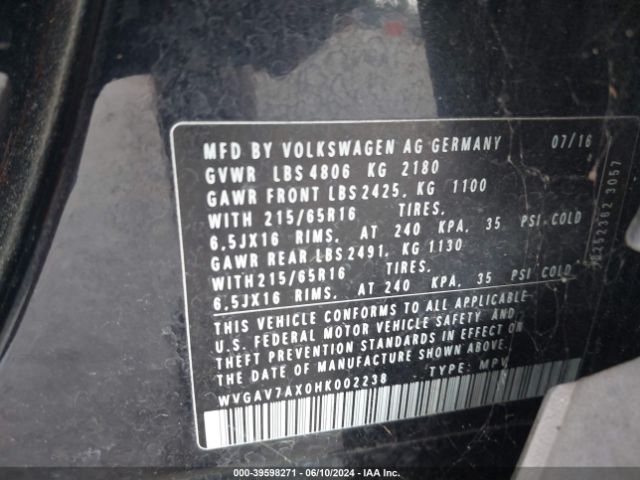 WVGAV7AX0HK002238 Volkswagen Tiguan 2.0t/2.0t S