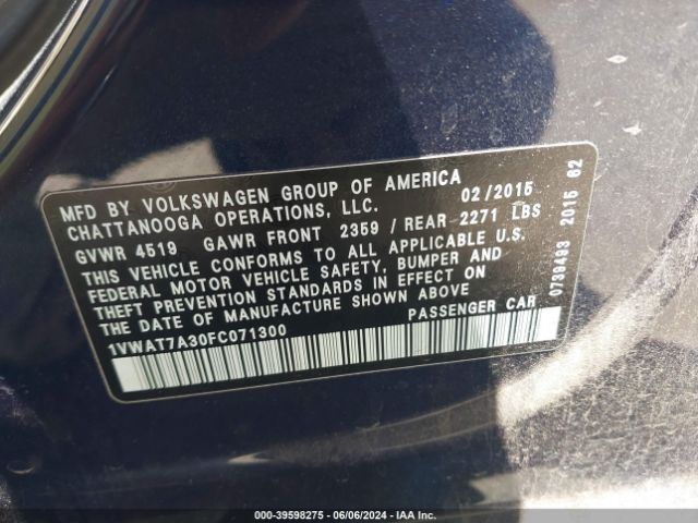 1VWAT7A30FC071300 Volkswagen Passat 1.8t Wolfsburg Edition