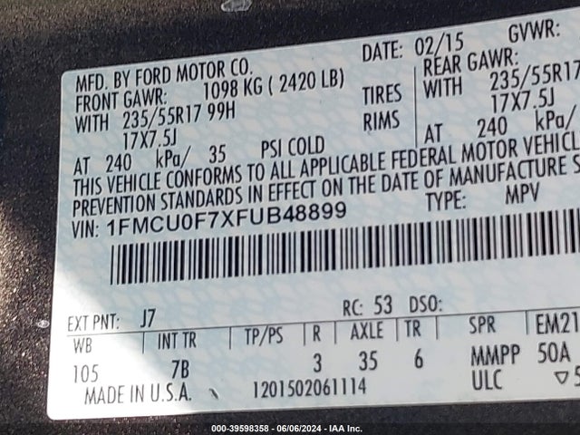 Ford ESCAPE S 2015 1FMCU0F7XFUB48899 Image 9