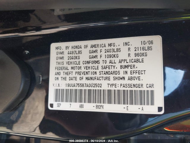 Продаж на аукціоні авто 2007 Acura Tl Type S, vin: 19UUA75587A002502, номер лоту: 39598374