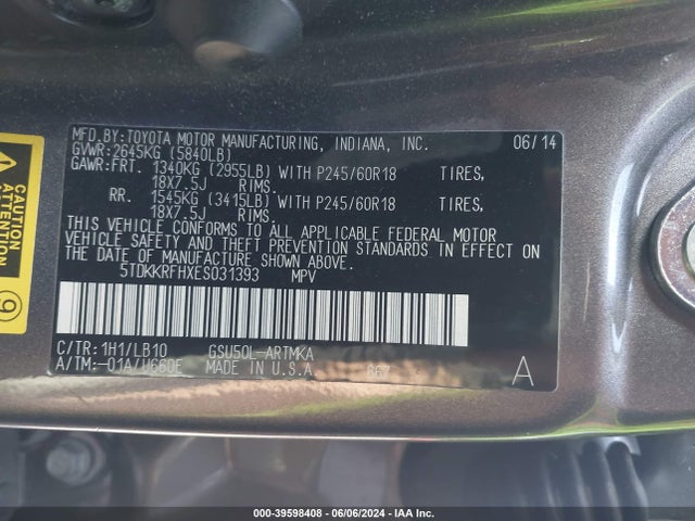 Toyota Highlander Xle V6 2014 5TDKKRFHXES031393 Image 9