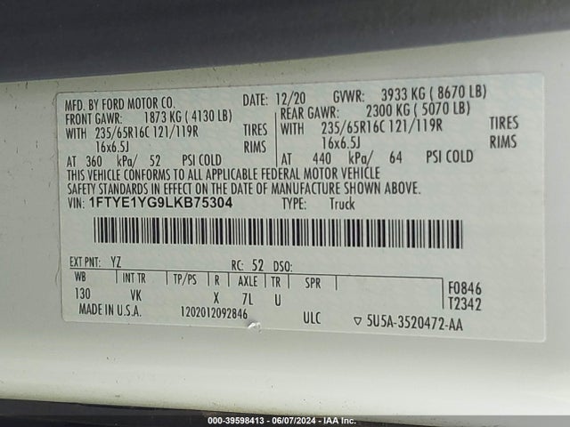Ford Transit-150 2020 1FTYE1YG9LKB75304 Image 9
