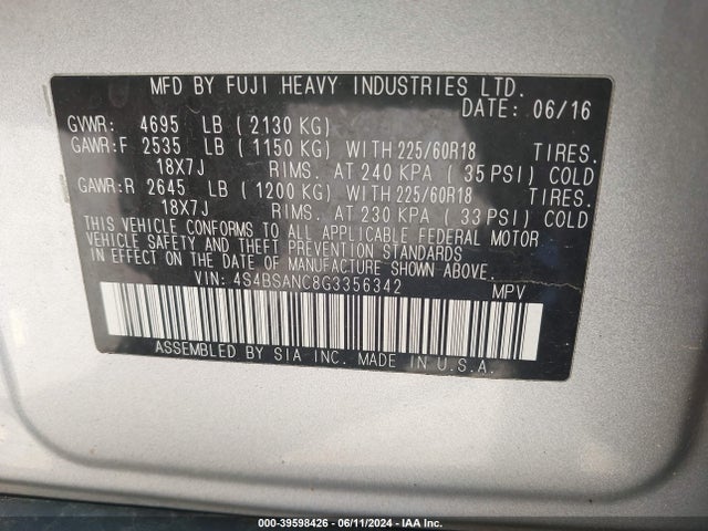 Subaru Outback 2.5i Limited 2016 4S4BSANC8G3356342 Image 9