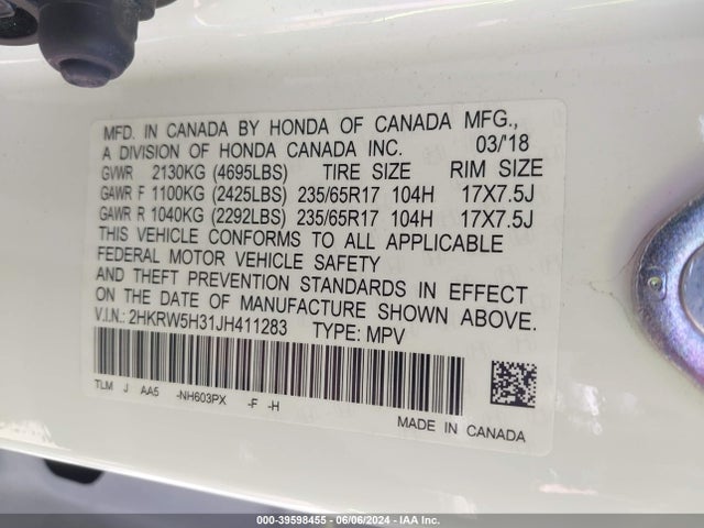 2HKRW5H31JH411283 Honda k24w9/k24v9