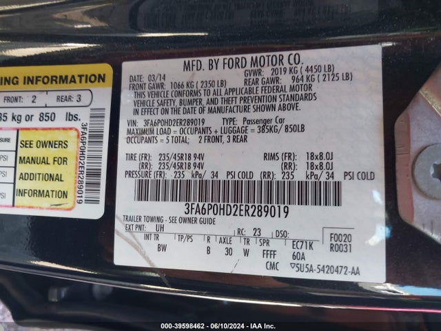 Ford FUSION SE 2014 3FA6P0HD2ER289019 Image 9
