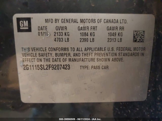 Chevrolet IMPALA 1LT 2015 2G1115SL2F9207423 Image 9