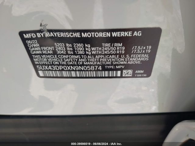 5UX43DP0XN9N05874 BMW X3 Sdrive30i
