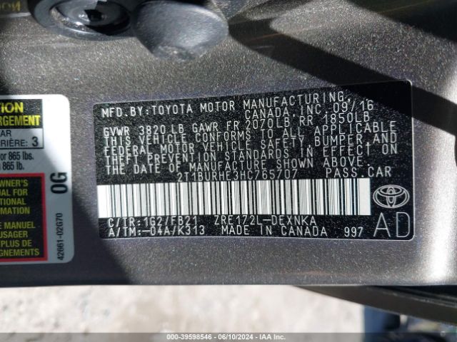 2T1BURHE3HC765707 Toyota COROLLA LE