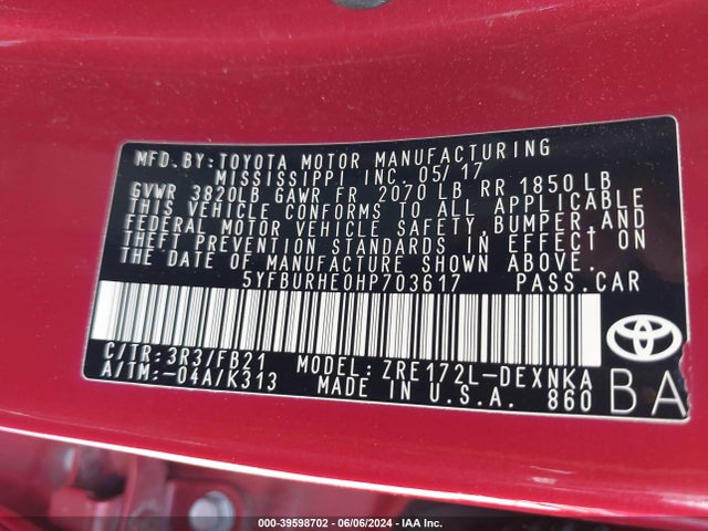 Toyota COROLLA LE 2017 5YFBURHE0HP703617 Image 9