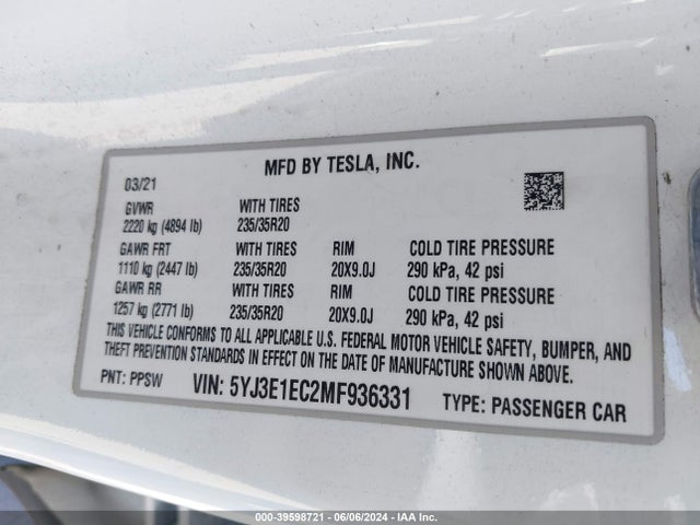 5YJ3E1EC2MF936331 Tesla Model 3 Performance Dual Motor All-wheel Drive