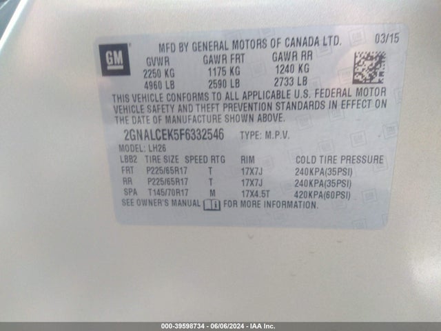 Chevrolet Equinox 2lt 2015 2GNALCEK5F6332546 Image 9