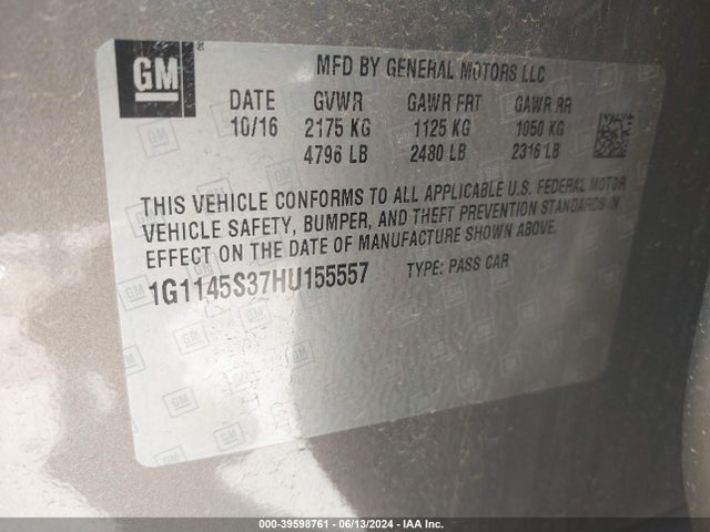 Chevrolet IMPALA 2LZ 2017 1G1145S37HU155557 Image 9