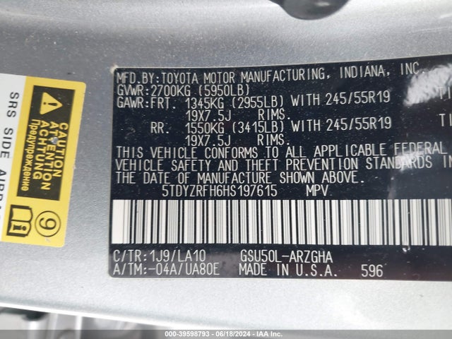 Toyota Highlander Limited 2017 5TDYZRFH6HS197615 Image 9