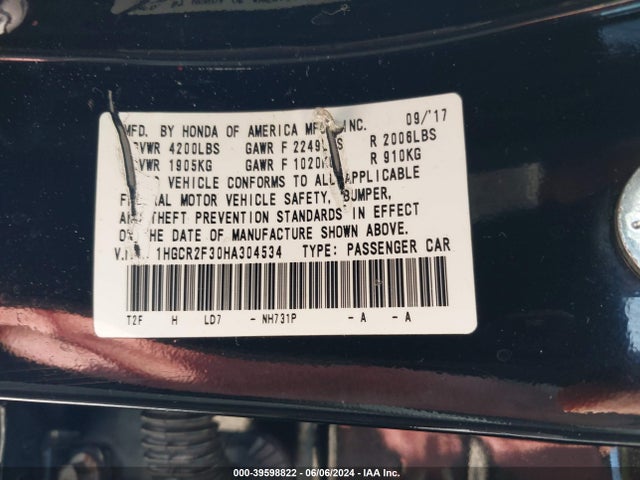 Honda ACCORD LX 2017 1HGCR2F30HA304534 Image 9