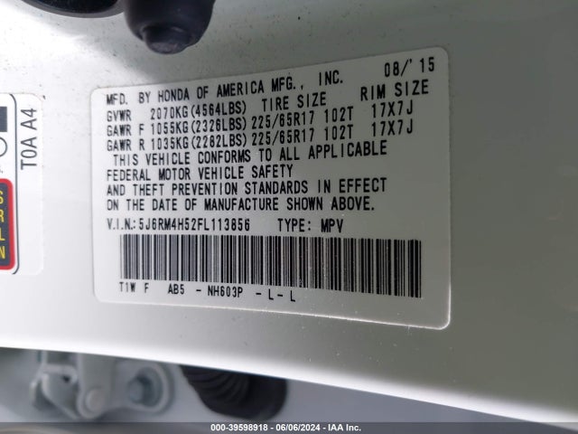 Honda CR-V EX 2015 5J6RM4H52FL113856 Image 9