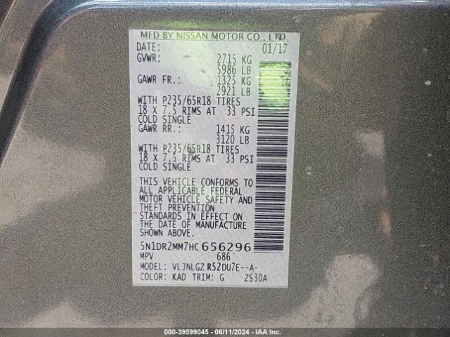 5N1DR2MM7HC656296 Nissan Pathfinder Sl