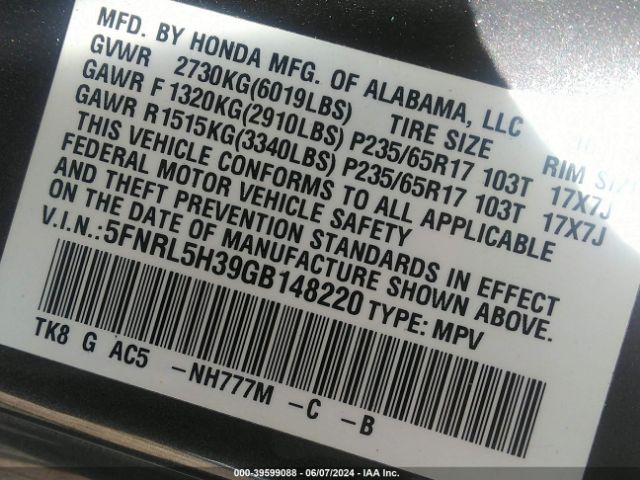 5FNRL5H39GB148220 Honda ODYSSEY SE
