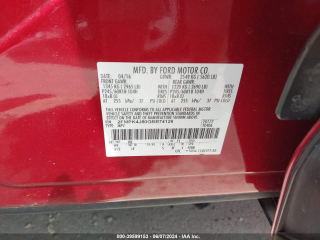 Ford EDGE SEL 2016 2FMPK4J80GBB74126 Image 9