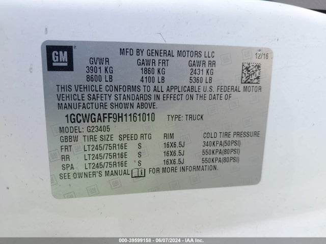 Chevrolet Express 2500 Work Van 2017 1GCWGAFF9H1161010 Image 9