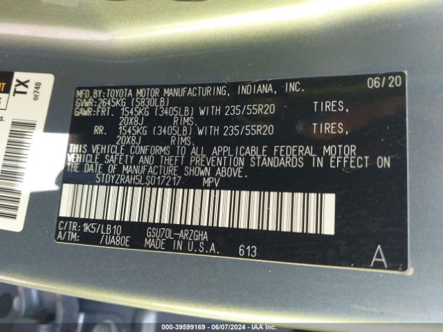 5TDYZRAH5LS017217 Toyota Highlander Limited