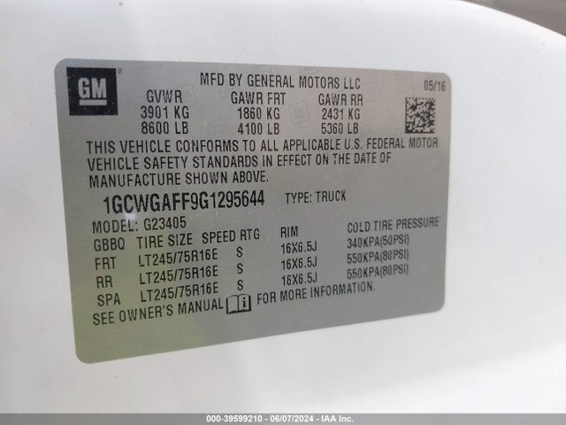 Chevrolet Express 2500 Work Van 2016 1GCWGAFF9G1295644 Image 9