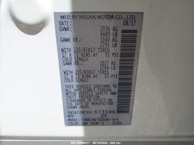 Nissan ROGUE SV 2017 5N1AT2MTXHC873546 Image 9