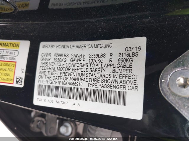 Honda ACCORD LX 2019 1HGCV1F10KA066910 Image 9