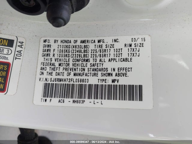 Honda Cr-v Ex-l 2015 5J6RM4H72FL058603 Image 9