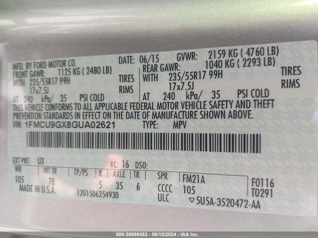 Ford ESCAPE SE 2016 1FMCU9GX8GUA02621 Image 9