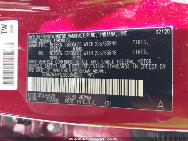 Toyota Highlander Xle 2020 5TDGZRAH1LS008493 Image 9