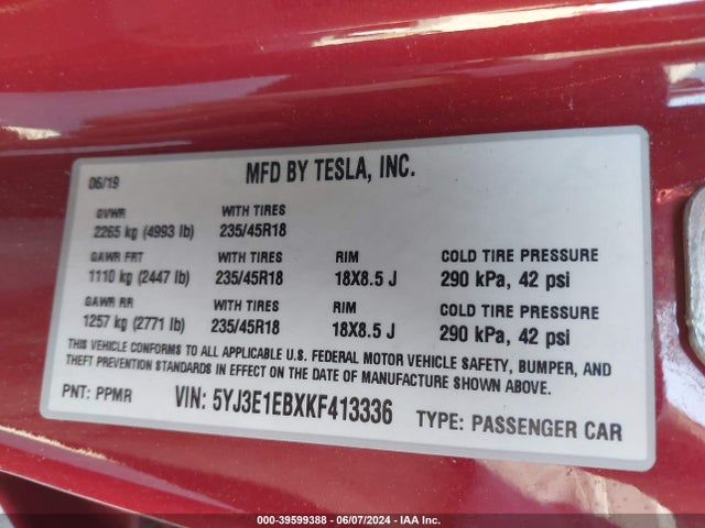 5YJ3E1EBXKF413336 Tesla Model 3 Long Range/performance
