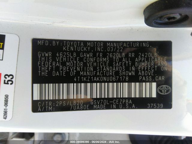 4T1KZ1AK0NU067178 Toyota Camry Xse V6