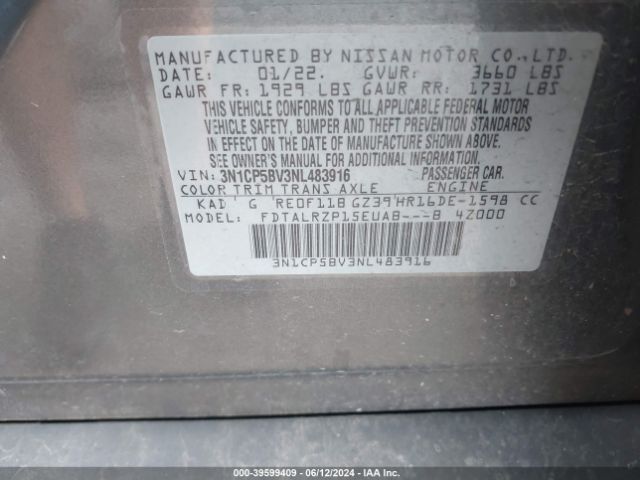 3N1CP5BV3NL483916 Nissan Kicks S Xtronic Cvt