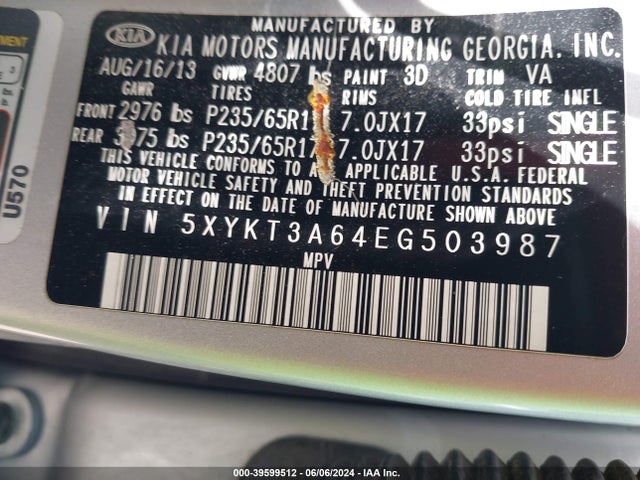 KIA SORENTO LX 2014 5XYKT3A64EG503987 Image 9