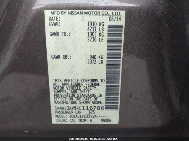 Nissan Altima 2.5 Sv 2015 1N4AL3AP9FC116786 Image 9