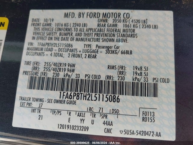 Ford Mustang Ecoboost Fastback 2020 1FA6P8TH2L5115086 Image 9