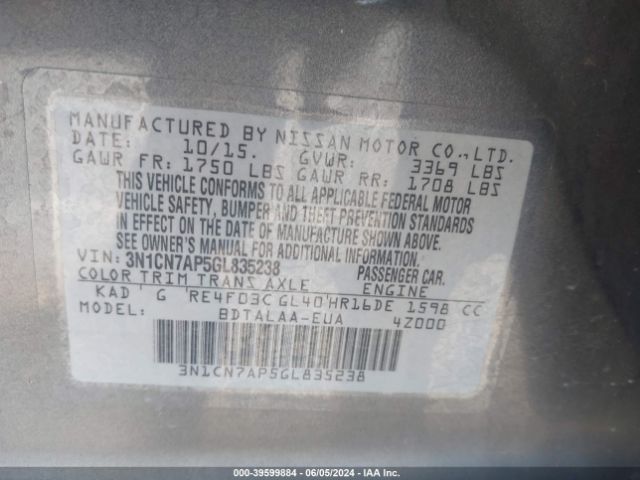 3N1CN7AP5GL835238 Nissan Versa 1.6 S