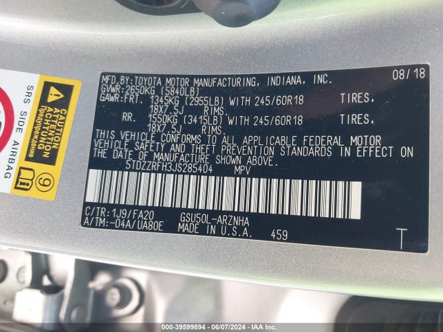 Toyota Highlander Le Plus 2018 5TDZZRFH3JS285404 Image 9