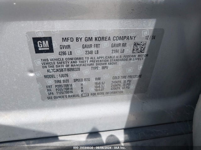Chevrolet Trax 1ls 2015 KL7CJKSB7FB098328 Image 9