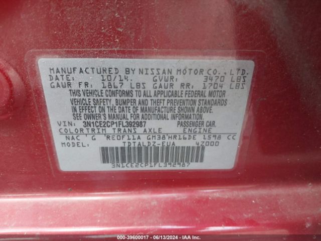 3N1CE2CP1FL392987 Nissan Versa Note S (sr)/s Plus/sl/sr/sv